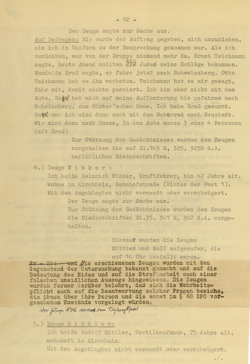 Prozessaufzeichnung des Vefahrens gegen die Urheber der Kirchhainer "Judenaktion" von 1938 vor dem Landgericht Kassel, 14.-16. Dezember 1954 [Dokumentabschnitt 2].