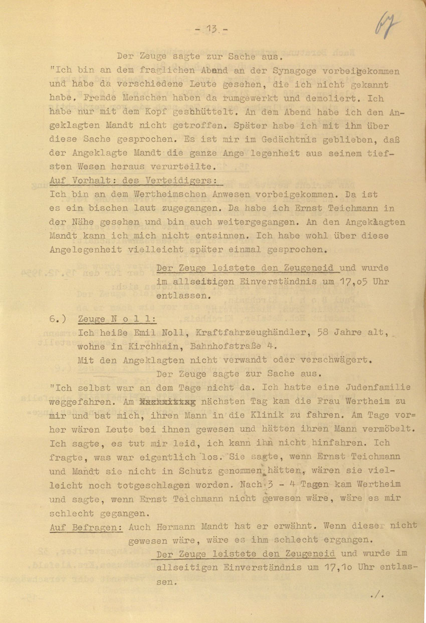 Prozessaufzeichnung des Vefahrens gegen die Urheber der Kirchhainer "Judenaktion" von 1938 vor dem Landgericht Kassel, 14.-16. Dezember 1954 [Dokumentabschnitt 2].