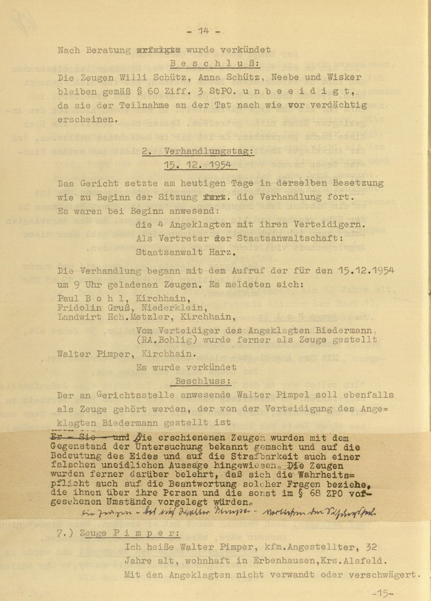 Prozessaufzeichnung des Vefahrens gegen die Urheber der Kirchhainer "Judenaktion" von 1938 vor dem Landgericht Kassel, 14.-16. Dezember 1954 [Dokumentabschnitt 2].