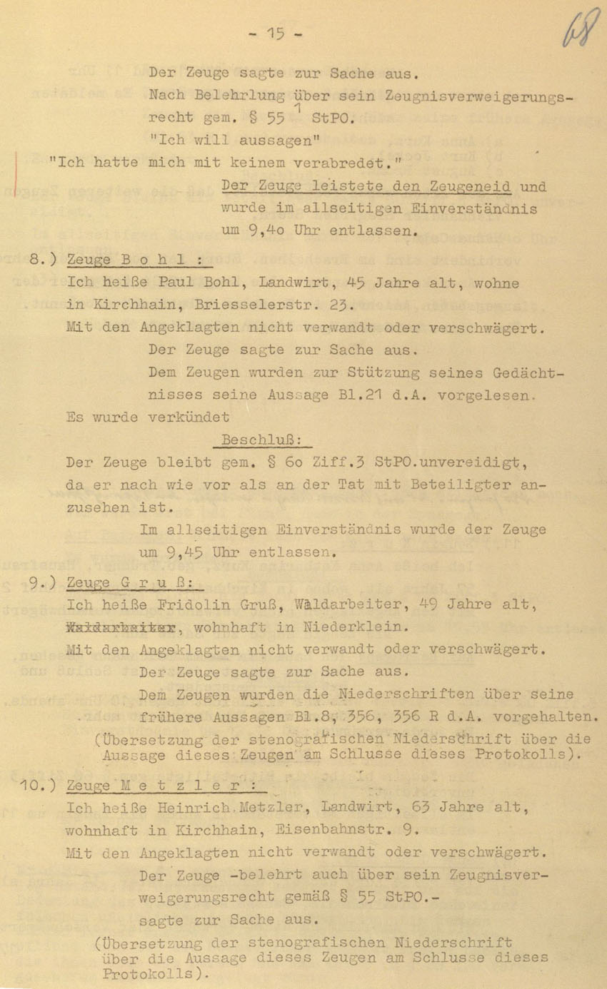 Prozessaufzeichnung des Vefahrens gegen die Urheber der Kirchhainer "Judenaktion" von 1938 vor dem Landgericht Kassel, 14.-16. Dezember 1954 [Dokumentabschnitt 2].