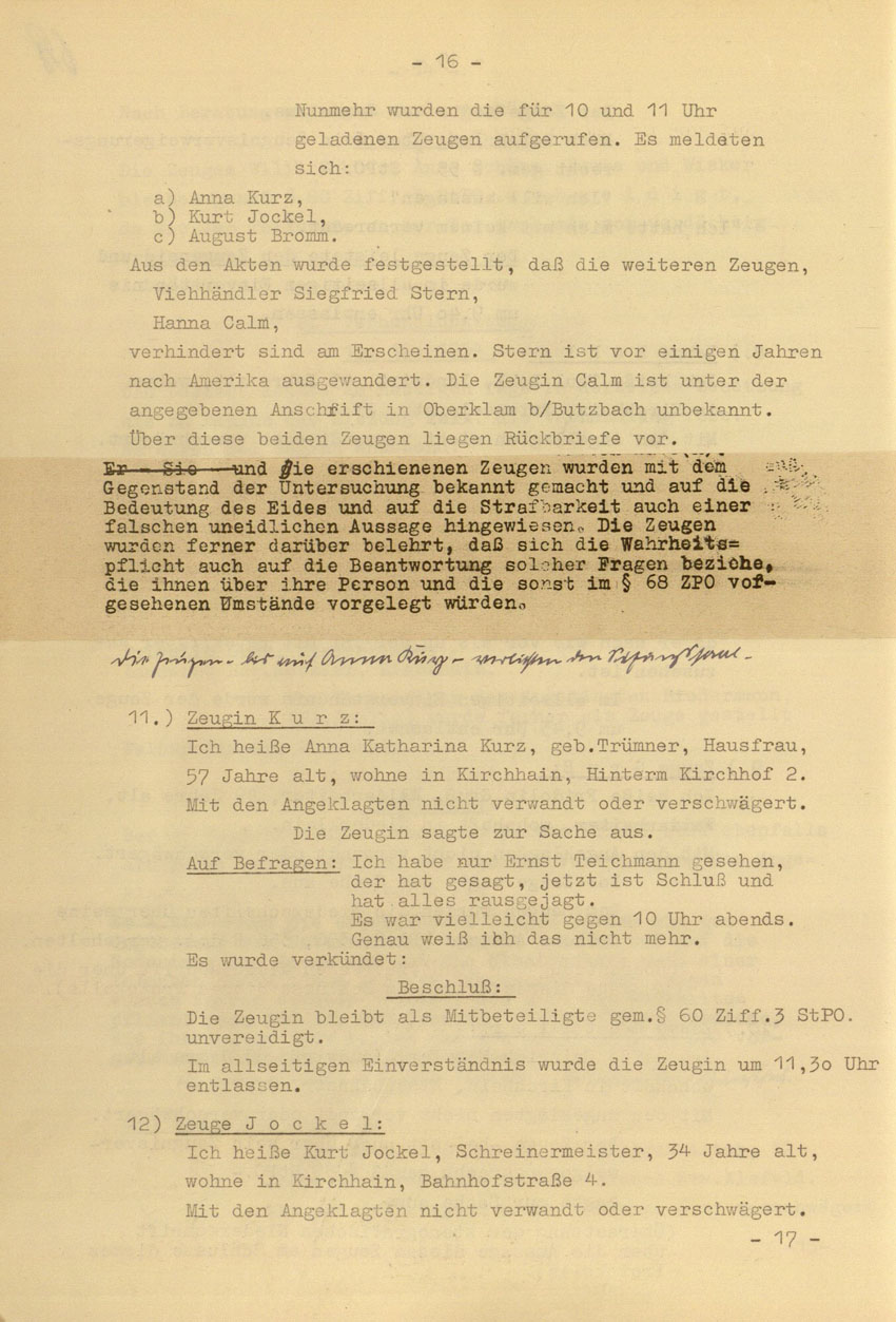 Prozessaufzeichnung des Vefahrens gegen die Urheber der Kirchhainer "Judenaktion" von 1938 vor dem Landgericht Kassel, 14.-16. Dezember 1954 [Dokumentabschnitt 2].