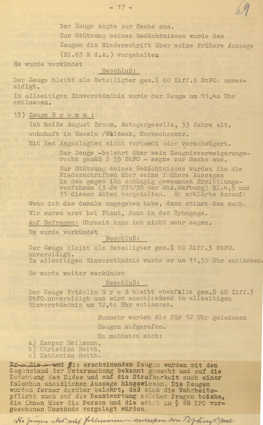 Prozessaufzeichnung des Vefahrens gegen die Urheber der Kirchhainer "Judenaktion" von 1938 vor dem Landgericht Kassel, 14.-16. Dezember 1954 [Dokumentabschnitt 3].