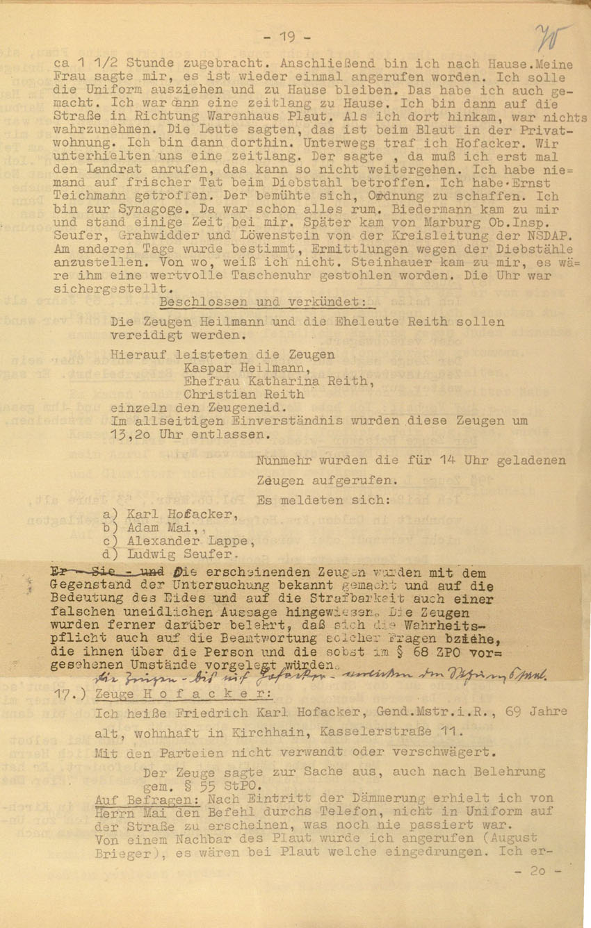 Prozessaufzeichnung des Vefahrens gegen die Urheber der Kirchhainer "Judenaktion" von 1938 vor dem Landgericht Kassel, 14.-16. Dezember 1954 [Dokumentabschnitt 3].