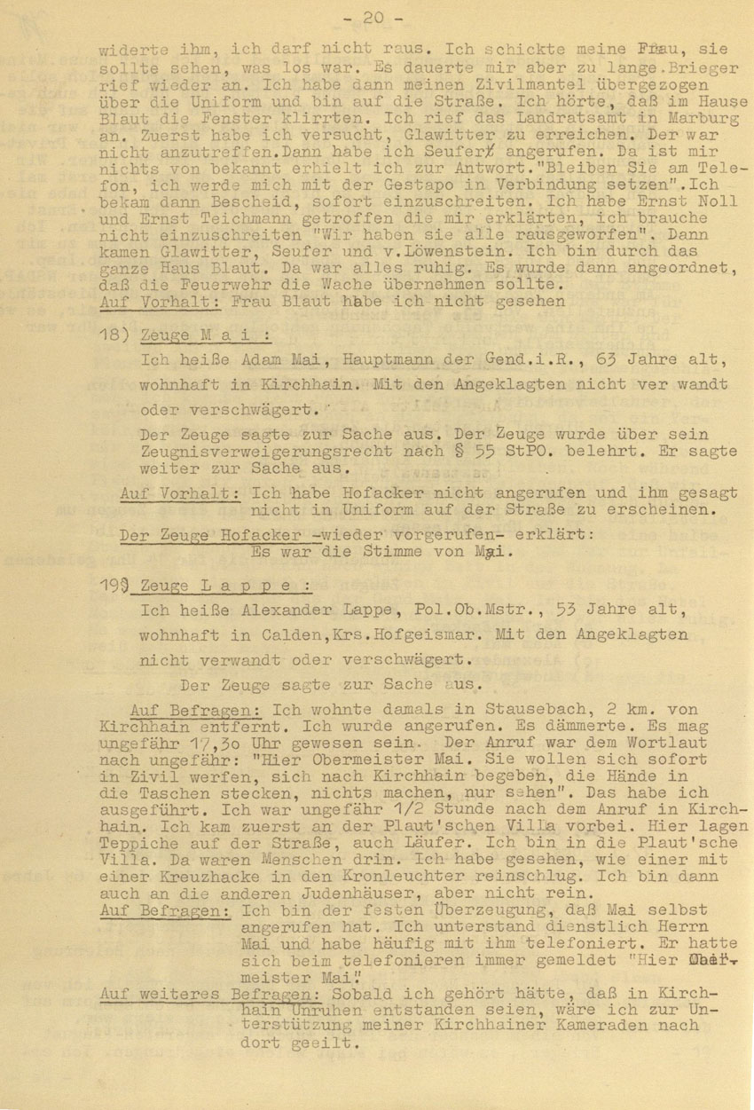Prozessaufzeichnung des Vefahrens gegen die Urheber der Kirchhainer "Judenaktion" von 1938 vor dem Landgericht Kassel, 14.-16. Dezember 1954 [Dokumentabschnitt 3].