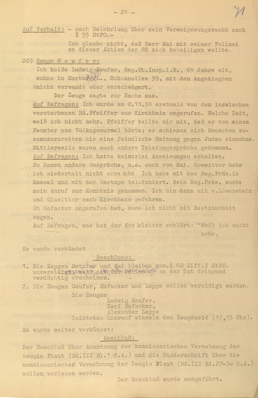 Prozessaufzeichnung des Vefahrens gegen die Urheber der Kirchhainer "Judenaktion" von 1938 vor dem Landgericht Kassel, 14.-16. Dezember 1954 [Dokumentabschnitt 3].