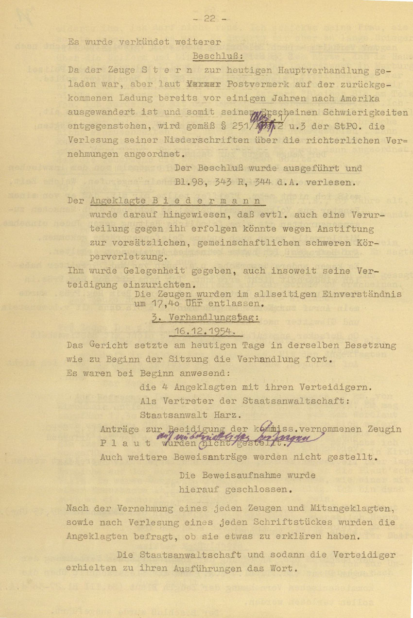 Prozessaufzeichnung des Vefahrens gegen die Urheber der Kirchhainer "Judenaktion" von 1938 vor dem Landgericht Kassel, 14.-16. Dezember 1954 [Dokumentabschnitt 3].