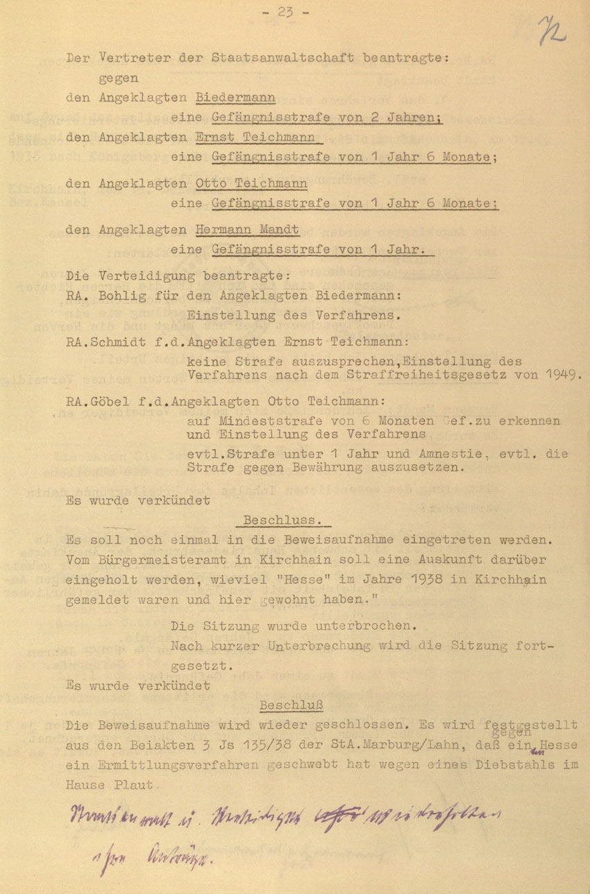 Prozessaufzeichnung des Vefahrens gegen die Urheber der Kirchhainer "Judenaktion" von 1938 vor dem Landgericht Kassel, 14.-16. Dezember 1954 [Dokumentabschnitt 3].