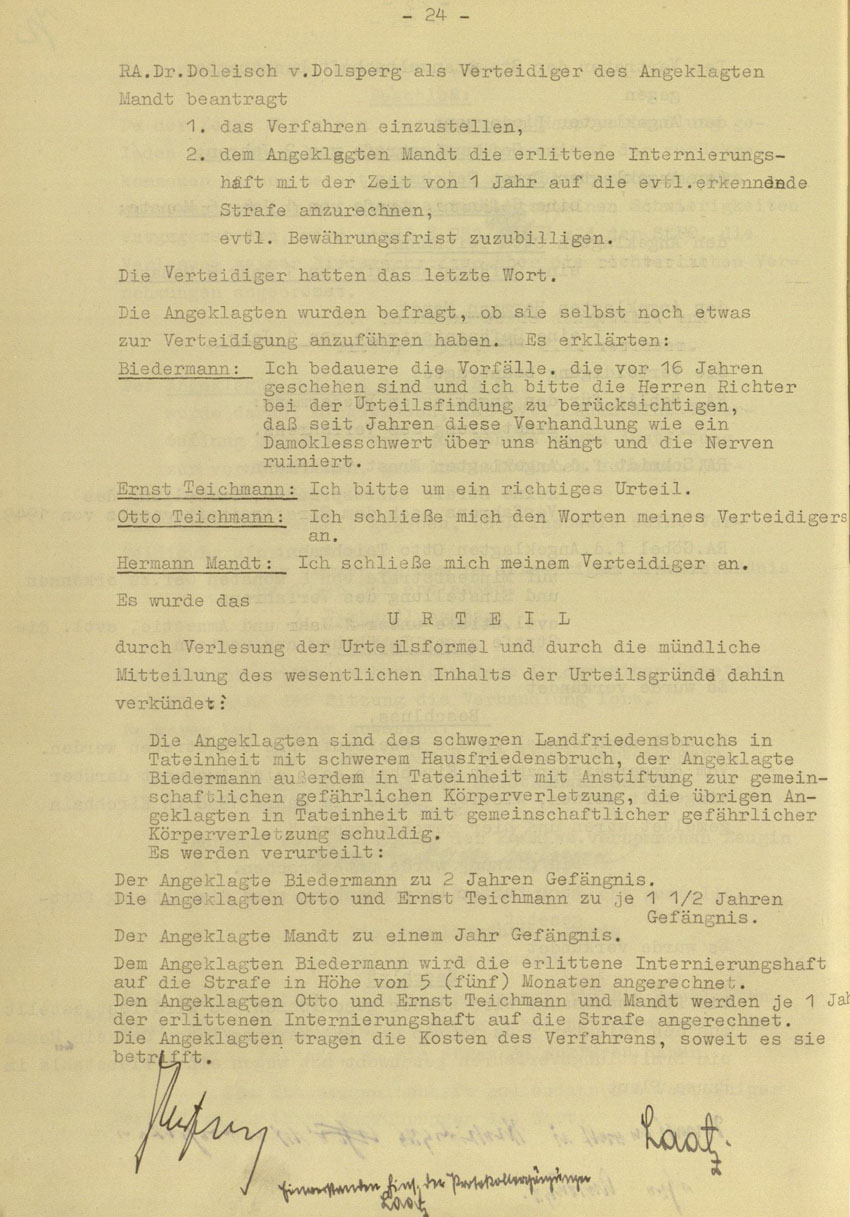 Prozessaufzeichnung des Vefahrens gegen die Urheber der Kirchhainer "Judenaktion" von 1938 vor dem Landgericht Kassel, 14.-16. Dezember 1954 [Dokumentabschnitt 3].