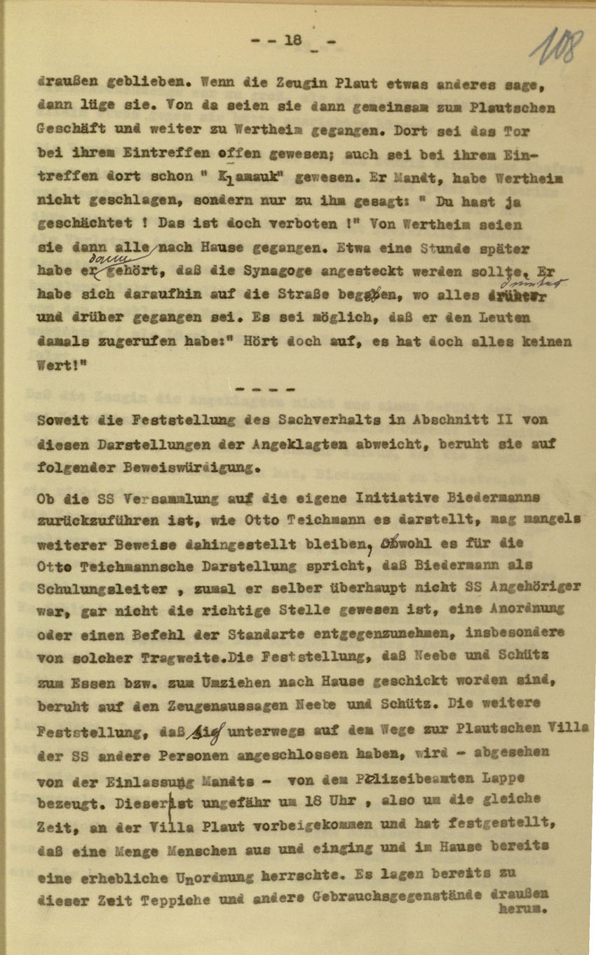 Urteil des Landgerichts Kassel im Prozess gegen die Urheber der Kirchhainer "Judenaktion" von 1938, 16. Dezember 1954 [Dokumentabschnitt 3].