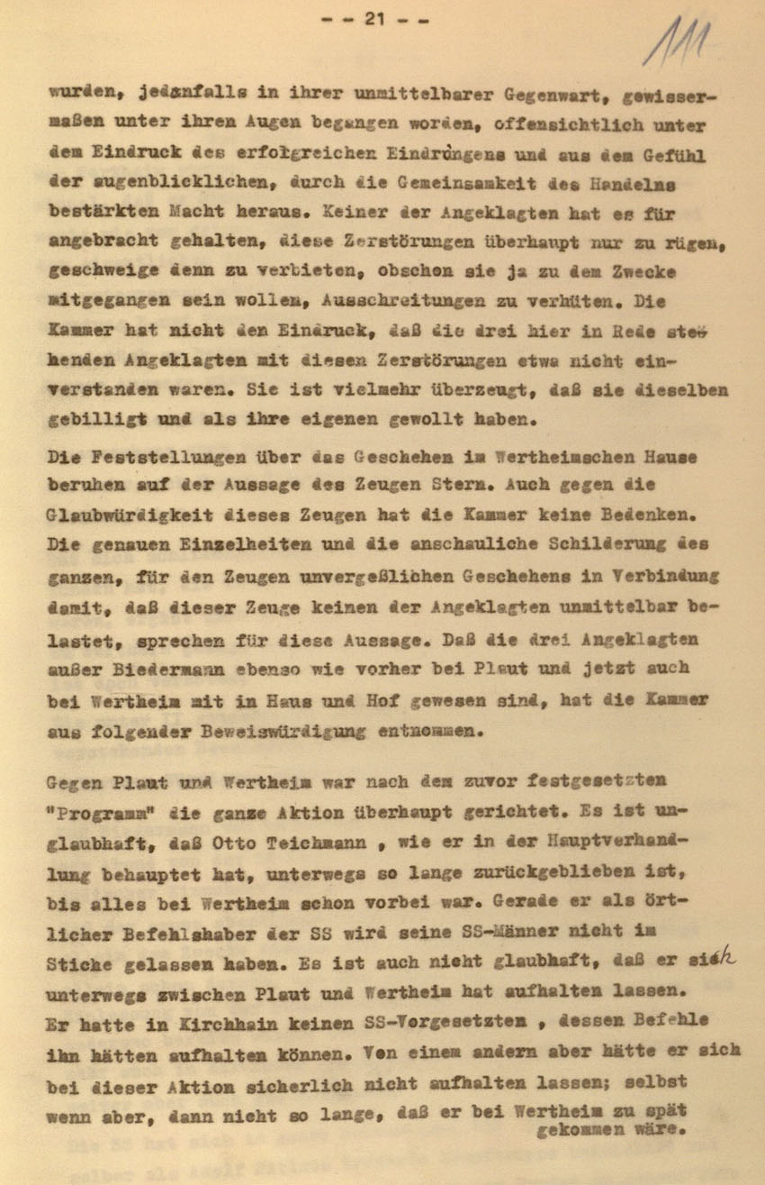 Urteil des Landgerichts Kassel im Prozess gegen die Urheber der Kirchhainer "Judenaktion" von 1938, 16. Dezember 1954 [Dokumentabschnitt 3].