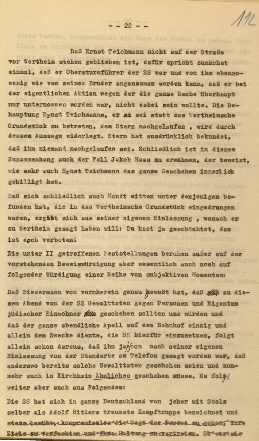 Urteil des Landgerichts Kassel im Prozess gegen die Urheber der Kirchhainer "Judenaktion" von 1938, 16. Dezember 1954 [Dokumentabschnitt 3].