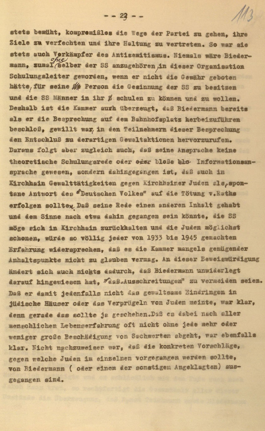 Urteil des Landgerichts Kassel im Prozess gegen die Urheber der Kirchhainer "Judenaktion" von 1938, 16. Dezember 1954 [Dokumentabschnitt 3].
