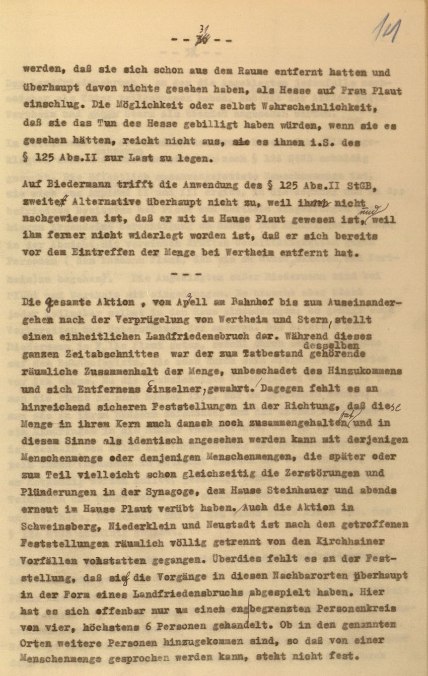 Urteil des Landgerichts Kassel im Prozess gegen die Urheber der Kirchhainer "Judenaktion" von 1938, 16. Dezember 1954 [Dokumentabschnitt 4].
