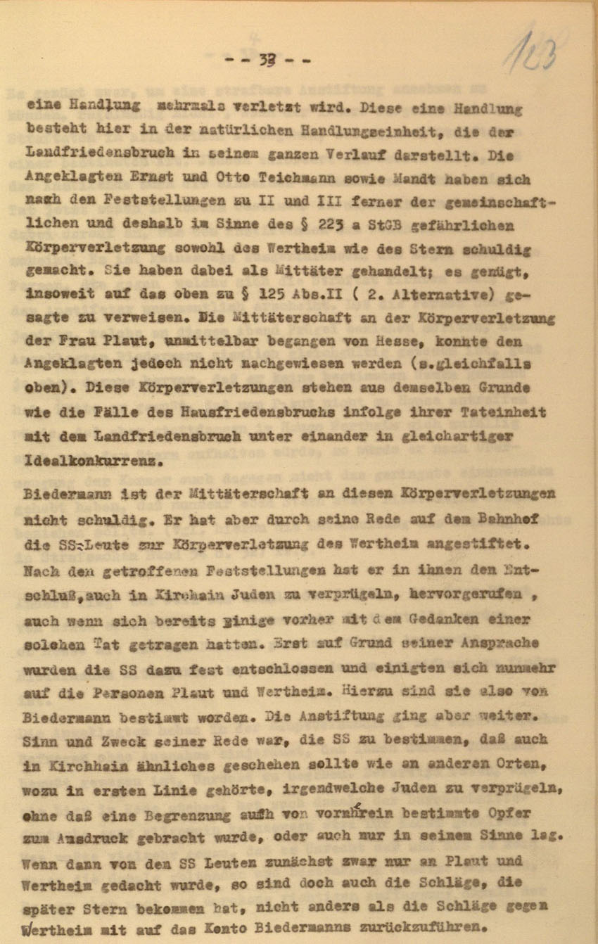 Urteil des Landgerichts Kassel im Prozess gegen die Urheber der Kirchhainer "Judenaktion" von 1938, 16. Dezember 1954 [Dokumentabschnitt 5].