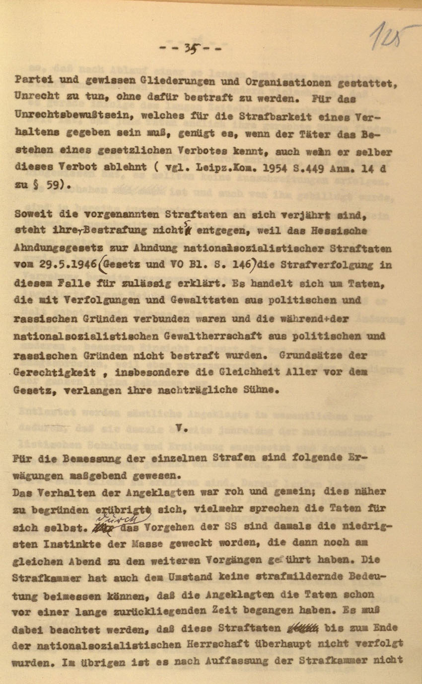 Urteil des Landgerichts Kassel im Prozess gegen die Urheber der Kirchhainer "Judenaktion" von 1938, 16. Dezember 1954 [Dokumentabschnitt 5].