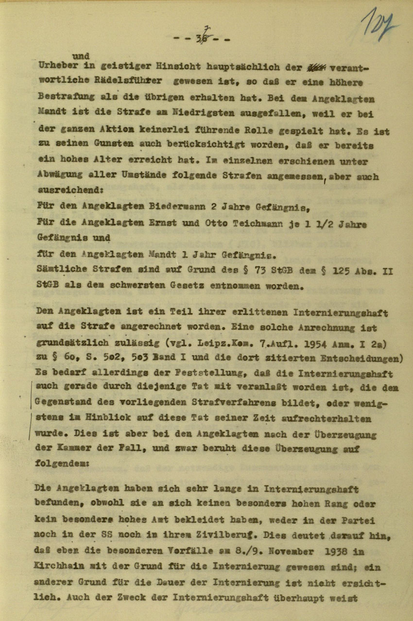 Urteil des Landgerichts Kassel im Prozess gegen die Urheber der Kirchhainer "Judenaktion" von 1938, 16. Dezember 1954 [Dokumentabschnitt 5].