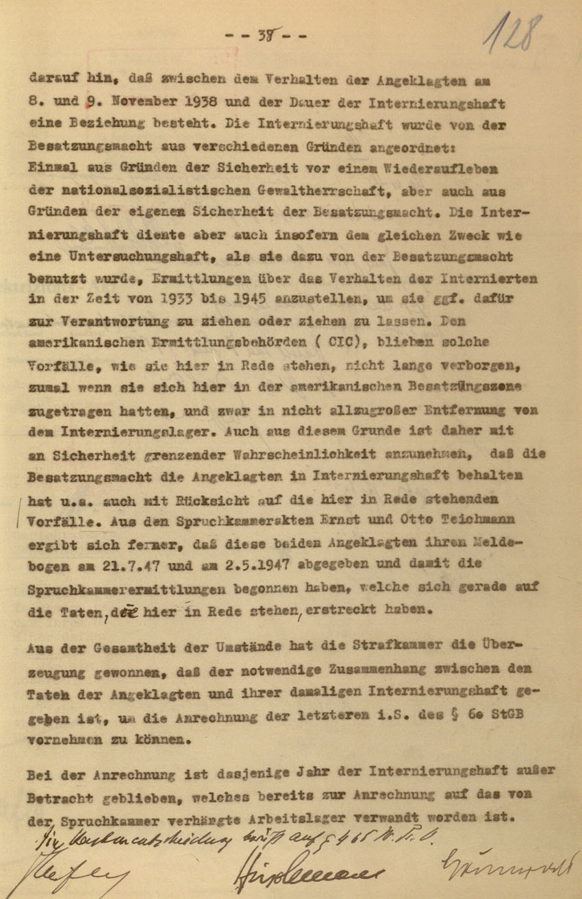 Urteil des Landgerichts Kassel im Prozess gegen die Urheber der Kirchhainer "Judenaktion" von 1938, 16. Dezember 1954 [Dokumentabschnitt 5].