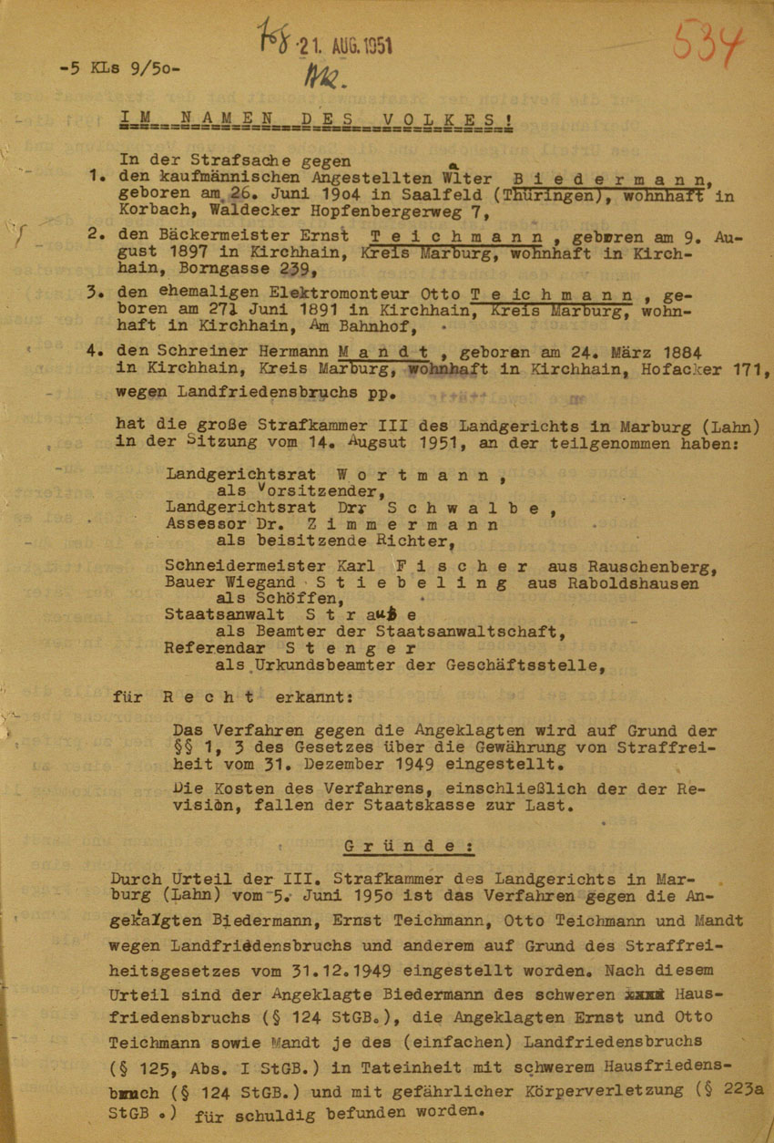 Urteil des Landgerichts Marburg im Prozess gegen die Urheber der Kirchhainer "Judenaktion" von 1938, 14.August 1951 [Dokumentabschnitt 1].