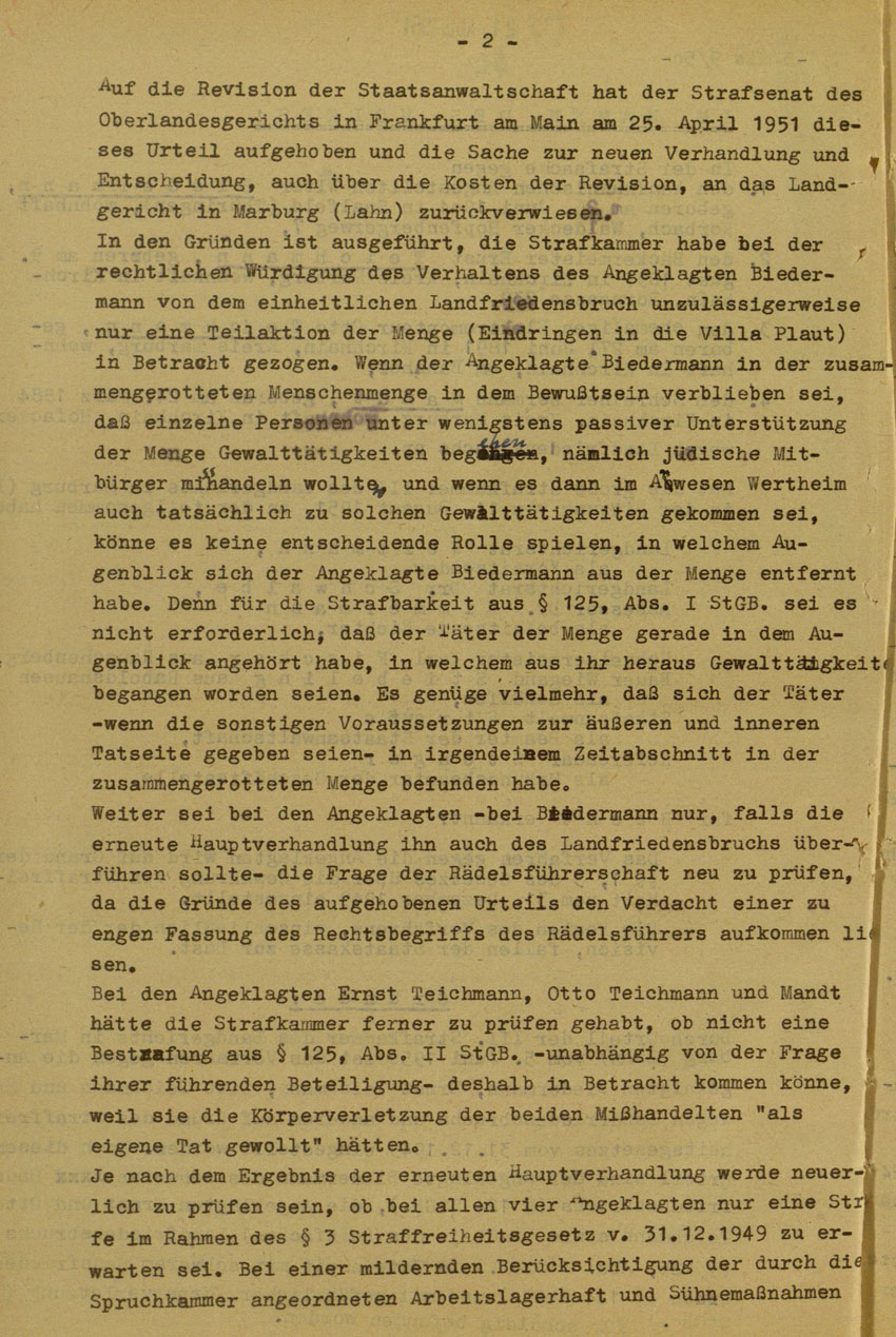 Urteil des Landgerichts Marburg im Prozess gegen die Urheber der Kirchhainer "Judenaktion" von 1938, 14.August 1951 [Dokumentabschnitt 1].