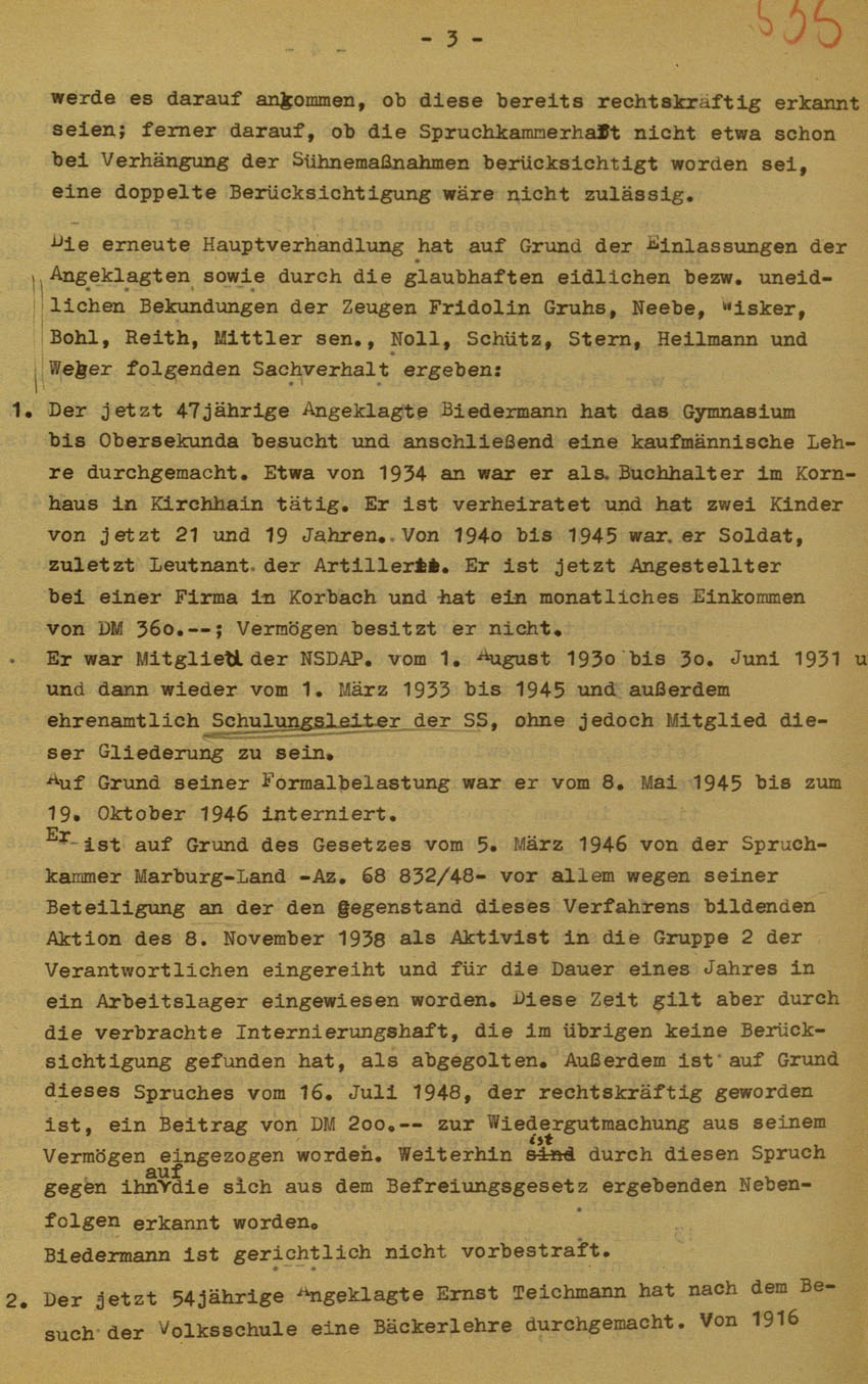 Urteil des Landgerichts Marburg im Prozess gegen die Urheber der Kirchhainer "Judenaktion" von 1938, 14.August 1951 [Dokumentabschnitt 1].