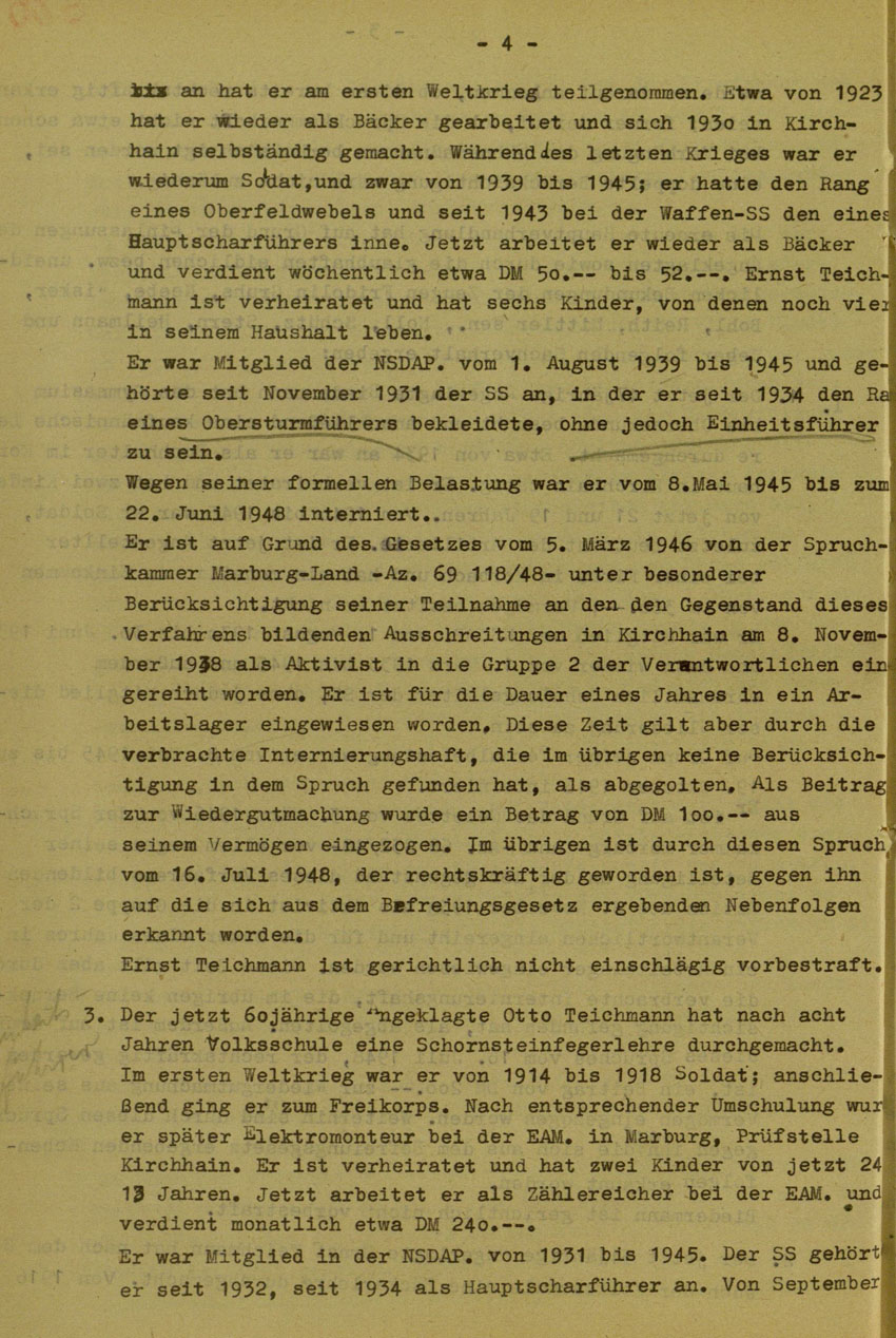 Urteil des Landgerichts Marburg im Prozess gegen die Urheber der Kirchhainer "Judenaktion" von 1938, 14.August 1951 [Dokumentabschnitt 1].