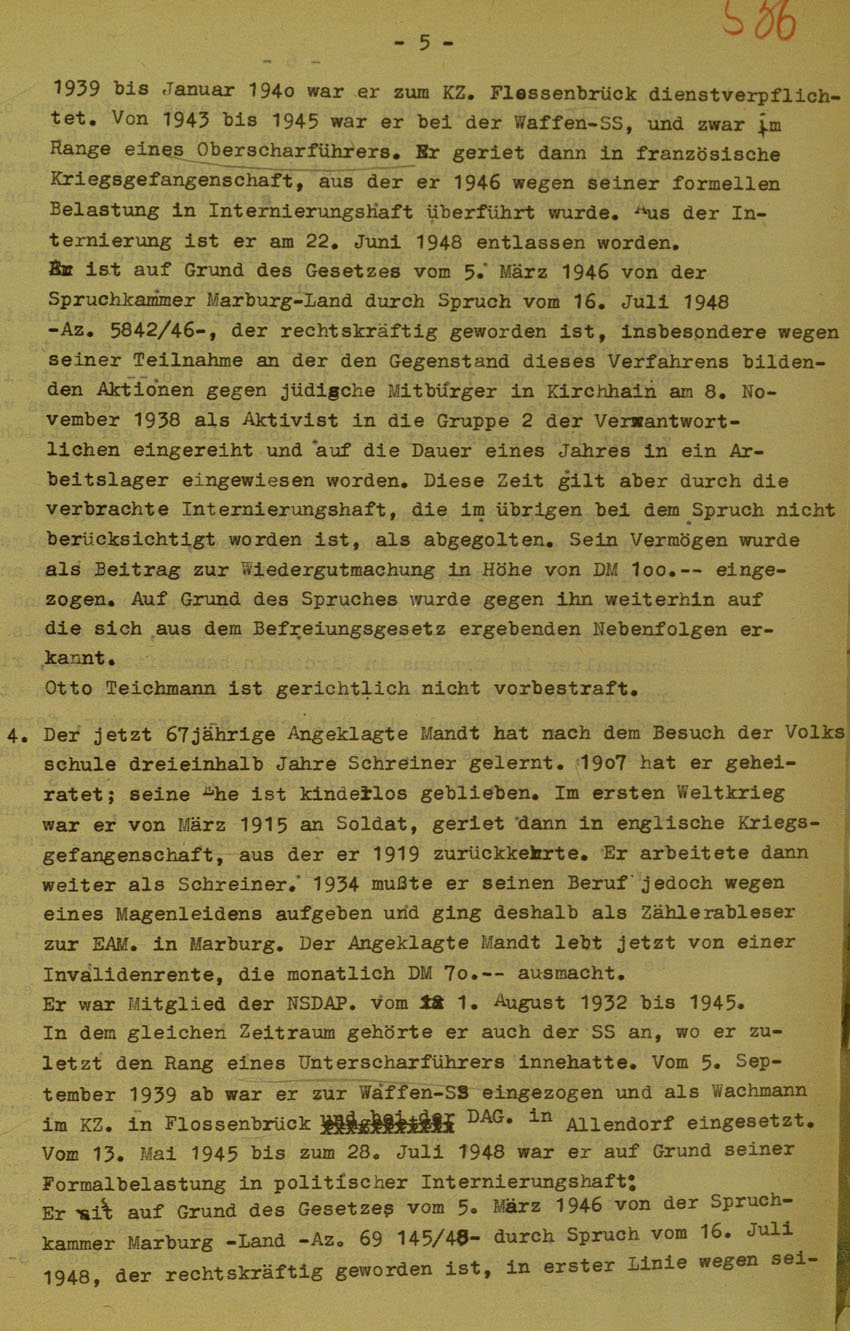 Urteil des Landgerichts Marburg im Prozess gegen die Urheber der Kirchhainer "Judenaktion" von 1938, 14.August 1951 [Dokumentabschnitt 1].