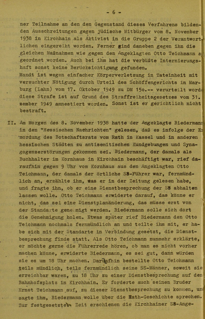Urteil des Landgerichts Marburg im Prozess gegen die Urheber der Kirchhainer "Judenaktion" von 1938, 14.August 1951 [Dokumentabschnitt 1].