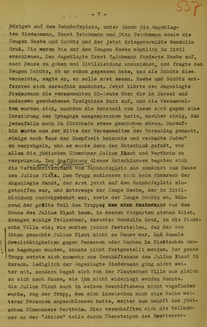 Urteil des Landgerichts Marburg im Prozess gegen die Urheber der Kirchhainer "Judenaktion" von 1938, 14.August 1951 [Dokumentabschnitt 1].