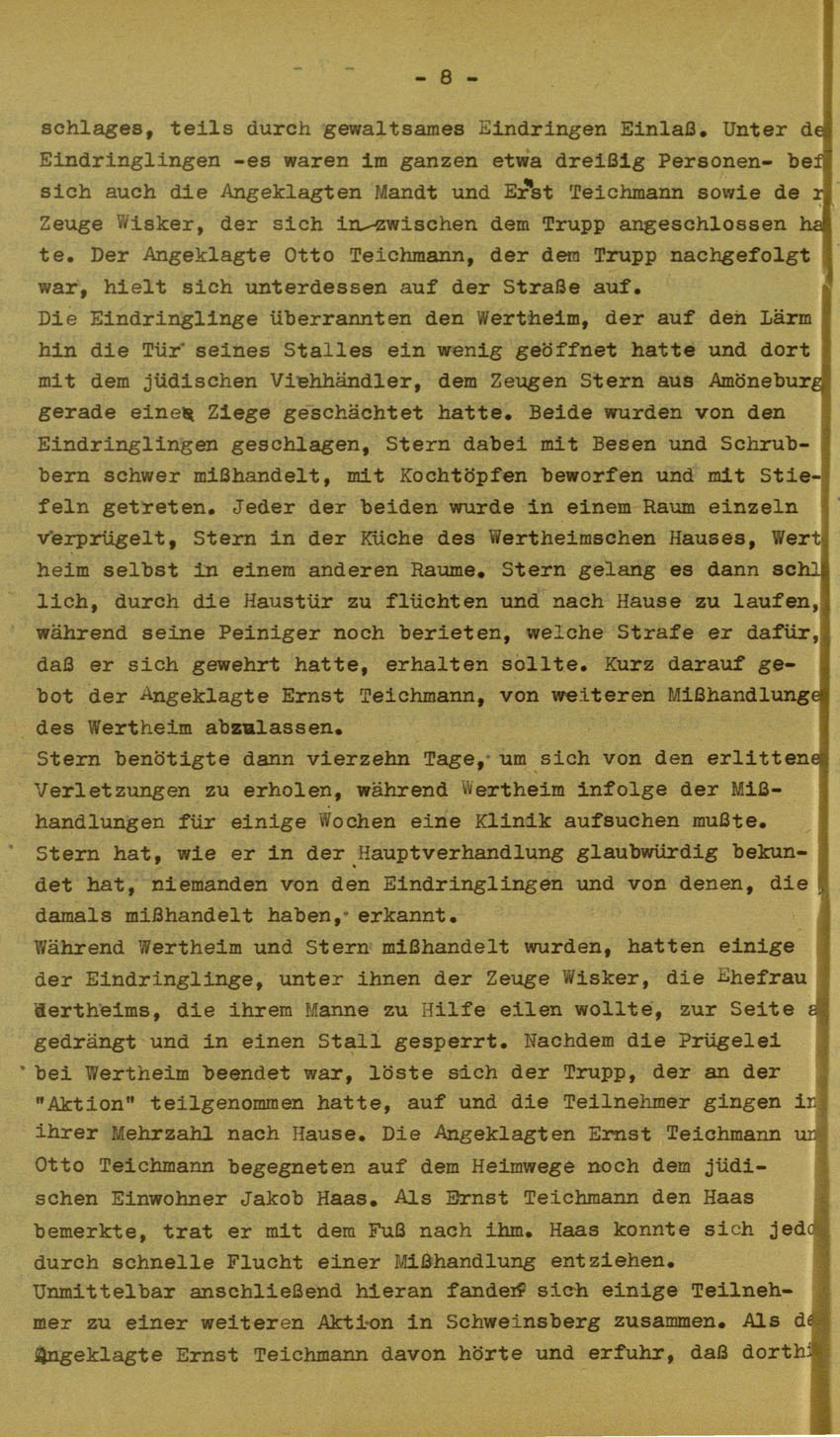 Urteil des Landgerichts Marburg im Prozess gegen die Urheber der Kirchhainer "Judenaktion" von 1938, 14.August 1951 [Dokumentabschnitt 1].