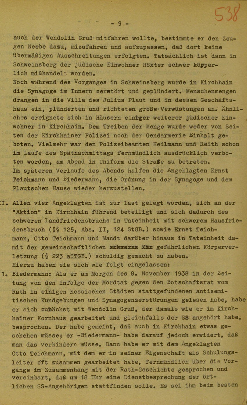 Urteil des Landgerichts Marburg im Prozess gegen die Urheber der Kirchhainer "Judenaktion" von 1938, 14.August 1951 [Dokumentabschnitt 2].