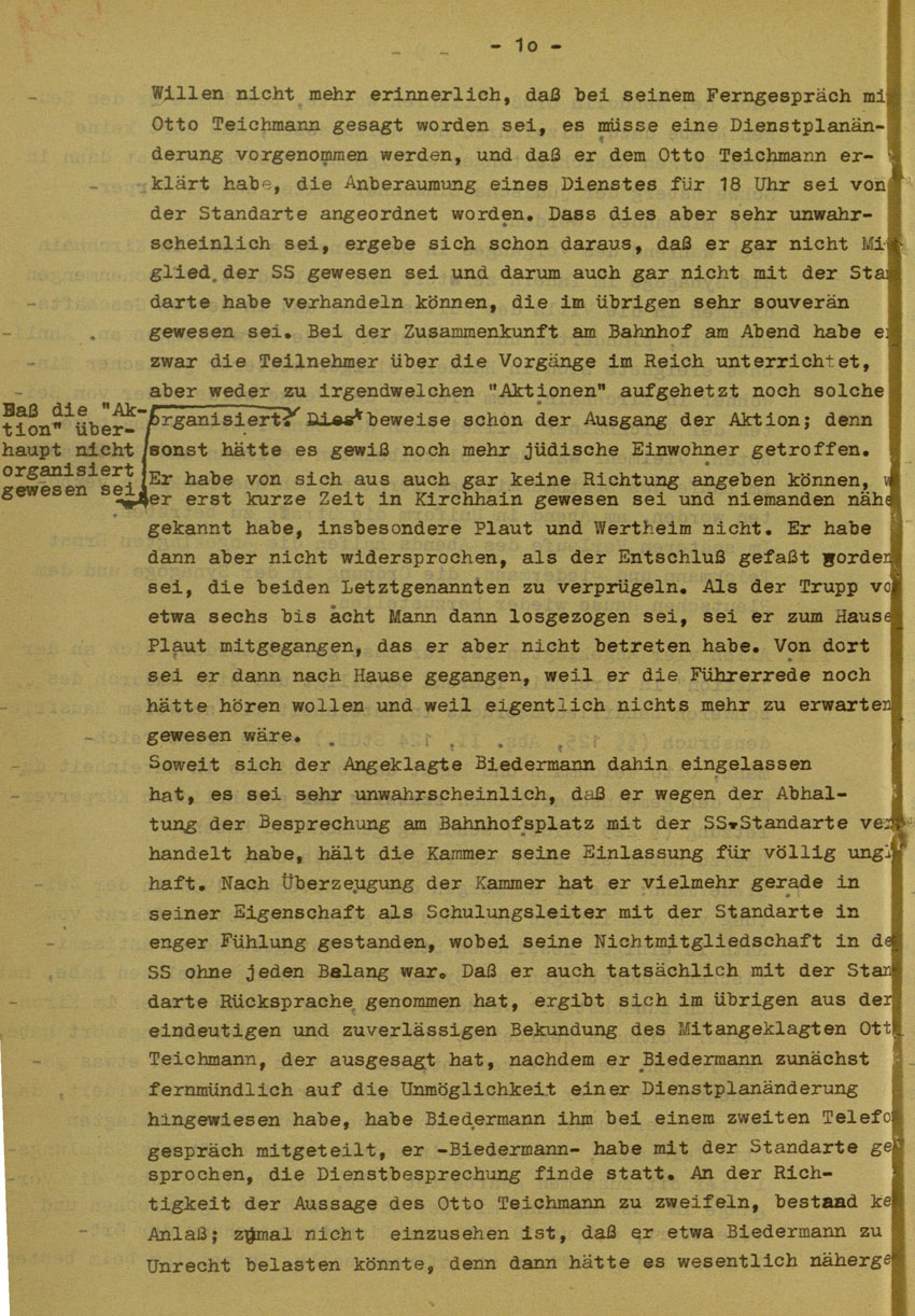 Urteil des Landgerichts Marburg im Prozess gegen die Urheber der Kirchhainer "Judenaktion" von 1938, 14.August 1951 [Dokumentabschnitt 2].