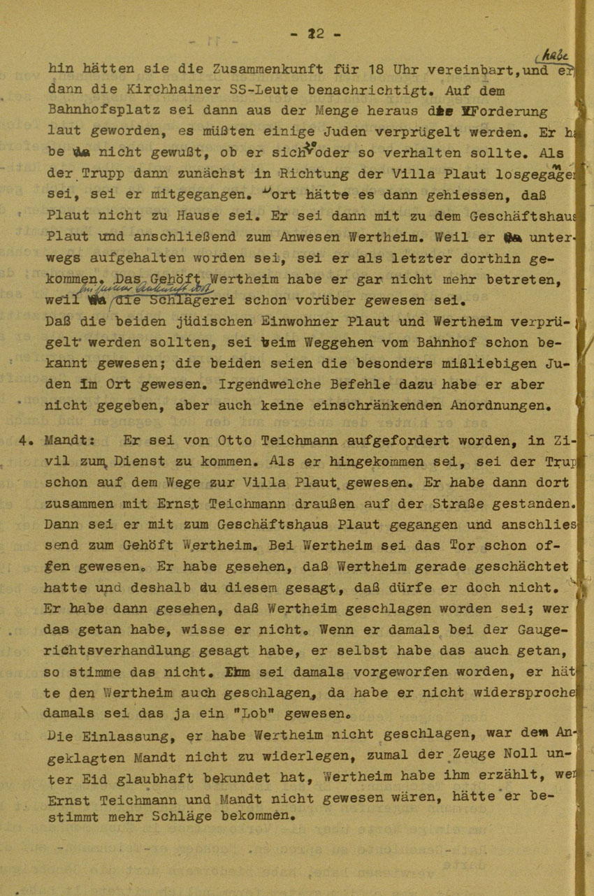 Urteil des Landgerichts Marburg im Prozess gegen die Urheber der Kirchhainer "Judenaktion" von 1938, 14.August 1951 [Dokumentabschnitt 2].