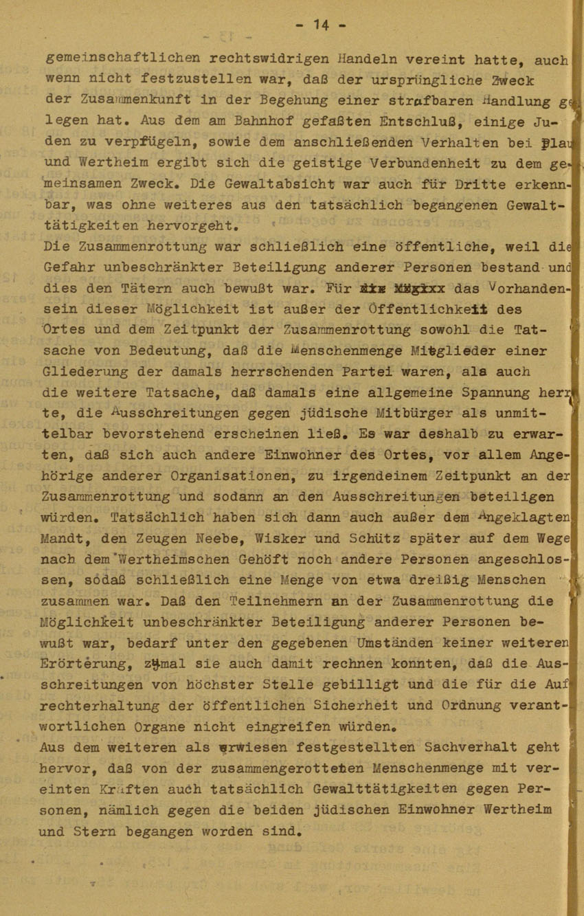 Urteil des Landgerichts Marburg im Prozess gegen die Urheber der Kirchhainer "Judenaktion" von 1938, 14.August 1951 [Dokumentabschnitt 2].