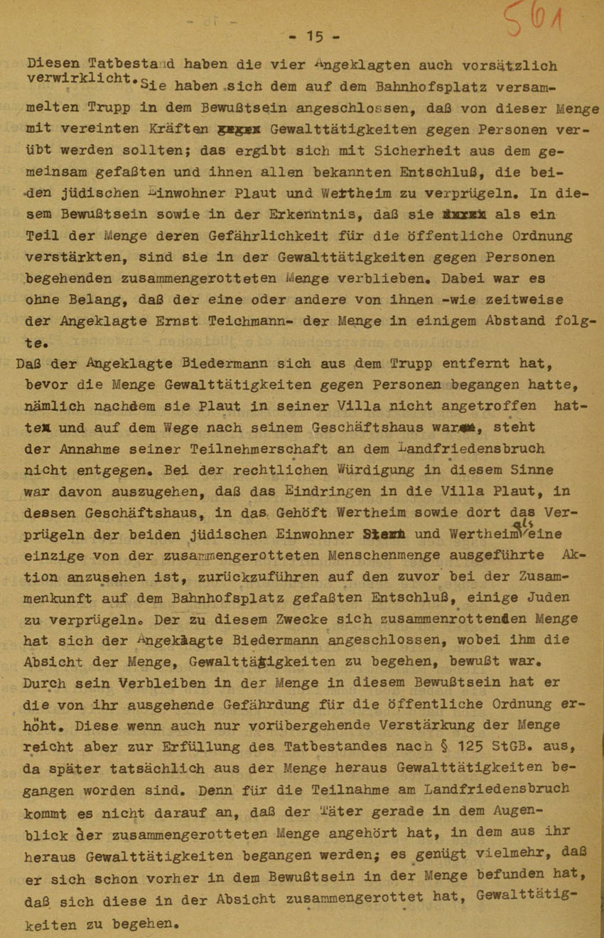 Urteil des Landgerichts Marburg im Prozess gegen die Urheber der Kirchhainer "Judenaktion" von 1938, 14.August 1951 [Dokumentabschnitt 2].
