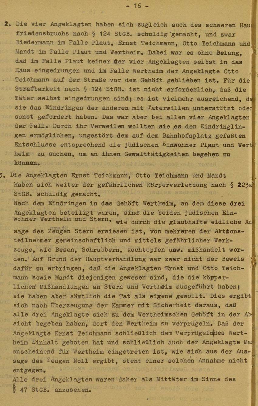 Urteil des Landgerichts Marburg im Prozess gegen die Urheber der Kirchhainer "Judenaktion" von 1938, 14.August 1951 [Dokumentabschnitt 2].