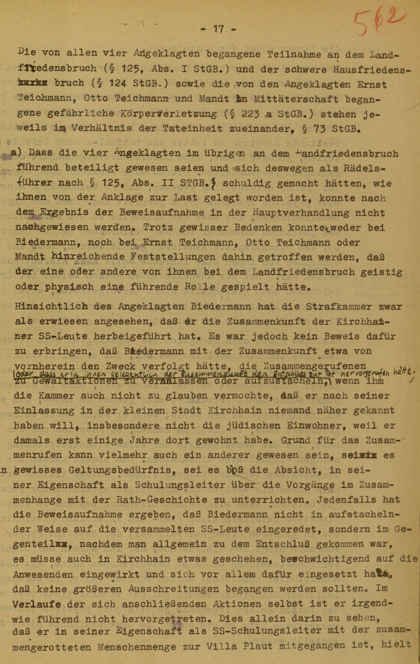Urteil des Landgerichts Marburg im Prozess gegen die Urheber der Kirchhainer "Judenaktion" von 1938, 14.August 1951 [Dokumentabschnitt 3].