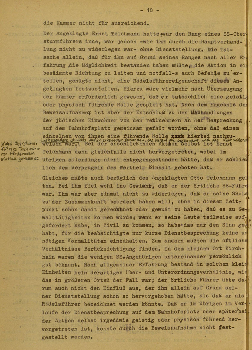 Urteil des Landgerichts Marburg im Prozess gegen die Urheber der Kirchhainer "Judenaktion" von 1938, 14.August 1951 [Dokumentabschnitt 3].