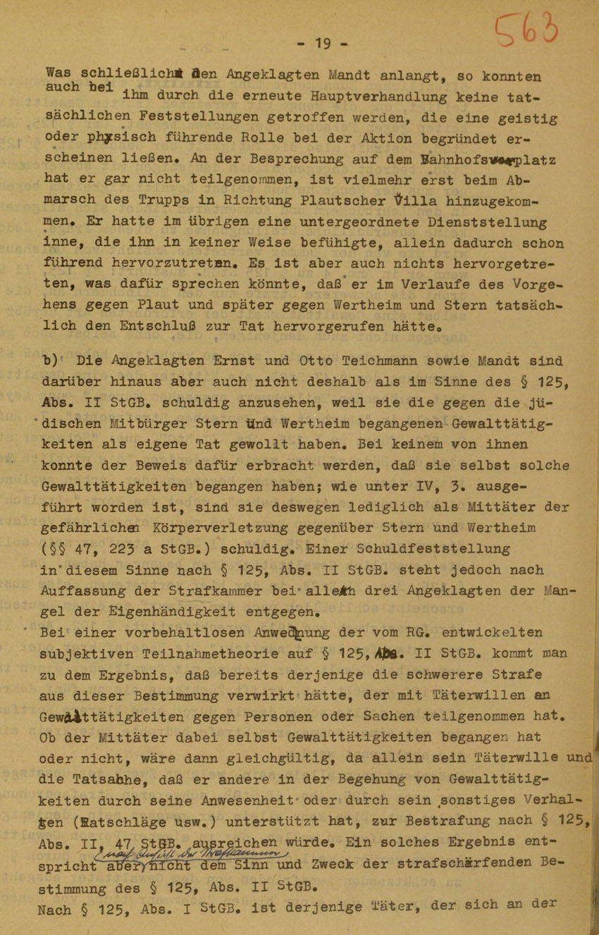 Urteil des Landgerichts Marburg im Prozess gegen die Urheber der Kirchhainer "Judenaktion" von 1938, 14.August 1951 [Dokumentabschnitt 3].