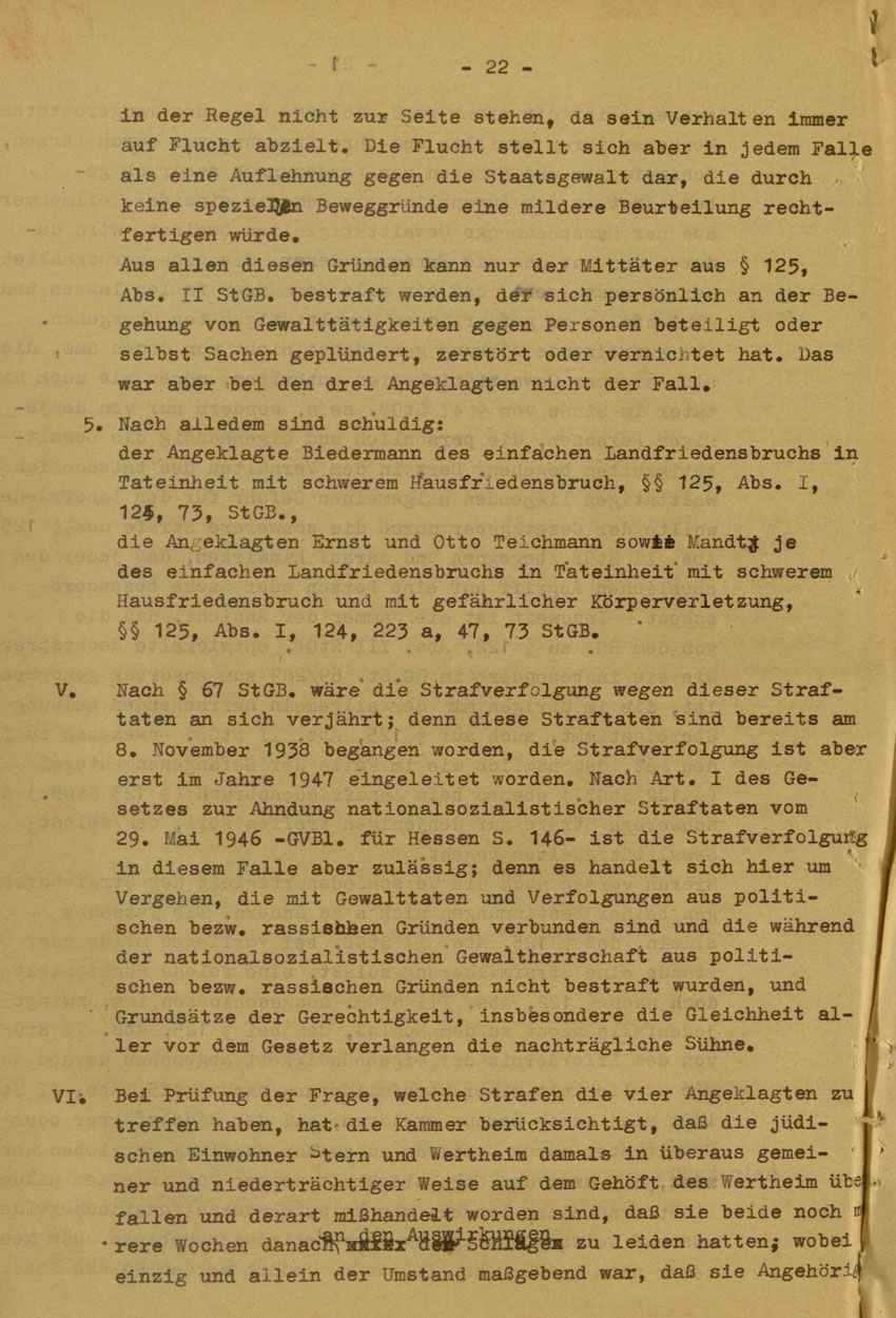 Urteil des Landgerichts Marburg im Prozess gegen die Urheber der Kirchhainer "Judenaktion" von 1938, 14.August 1951 [Dokumentabschnitt 3].