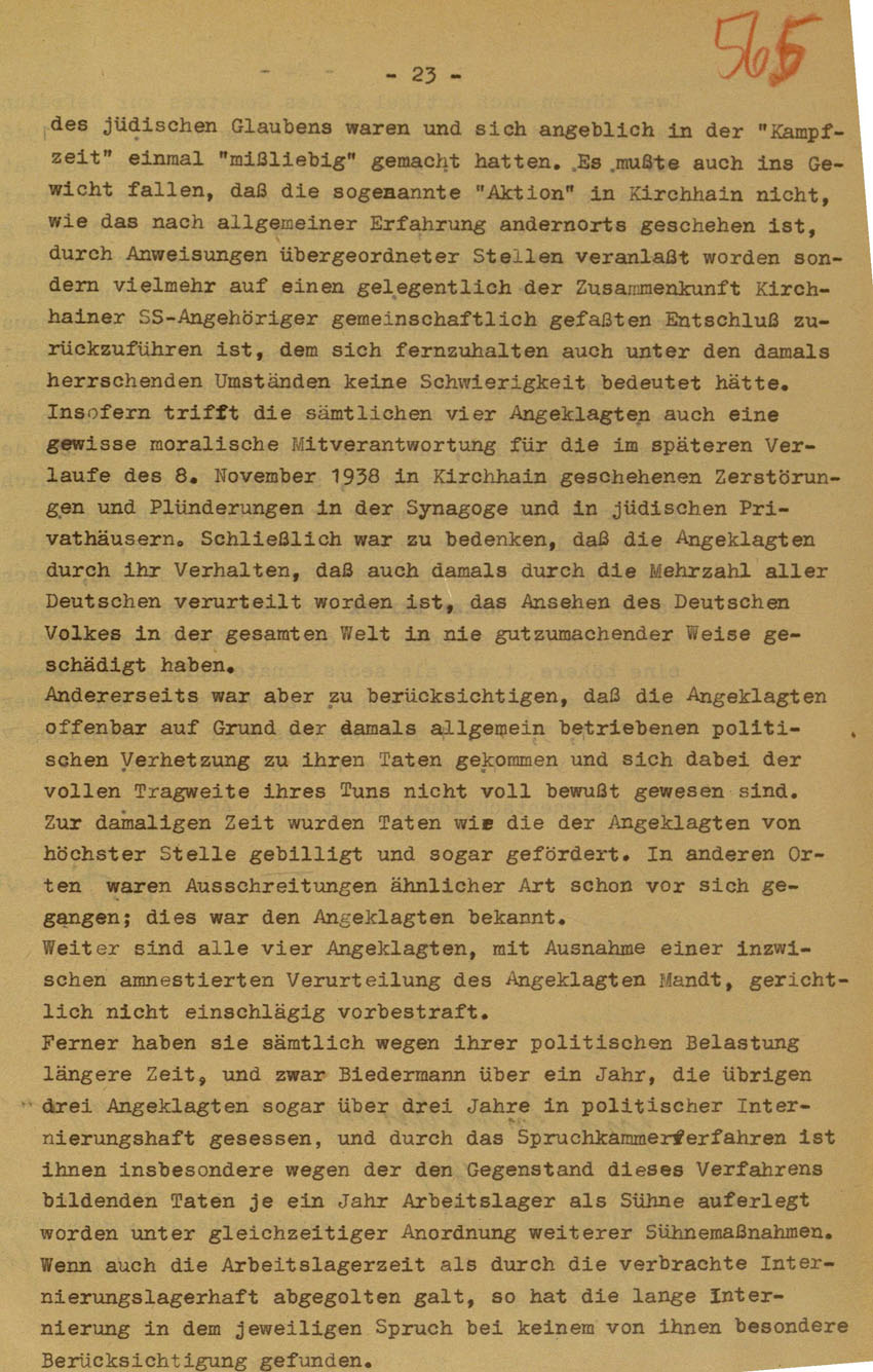 Urteil des Landgerichts Marburg im Prozess gegen die Urheber der Kirchhainer "Judenaktion" von 1938, 14.August 1951 [Dokumentabschnitt 3].