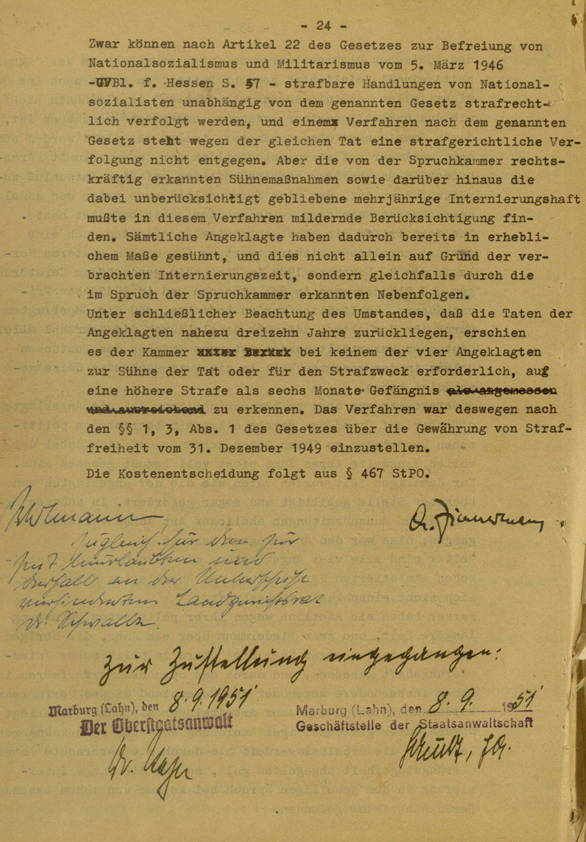 Urteil des Landgerichts Marburg im Prozess gegen die Urheber der Kirchhainer "Judenaktion" von 1938, 14.August 1951 [Dokumentabschnitt 3].