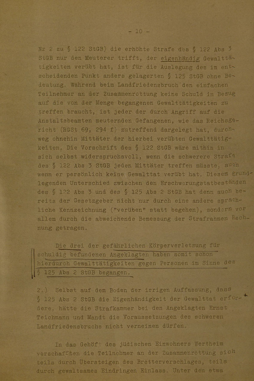 Beschluss des Bundesgerichtshofes betreffend Aufhebung Urteil vom 14.8.1951 gegen Walter Biedermann, Ernst und Otto Teichmann, Hermann Mandt als Urheber der Kirchhainer "Judenaktion" von 1938, 25. Februar 1954 [Dokumentabschnitt 2].