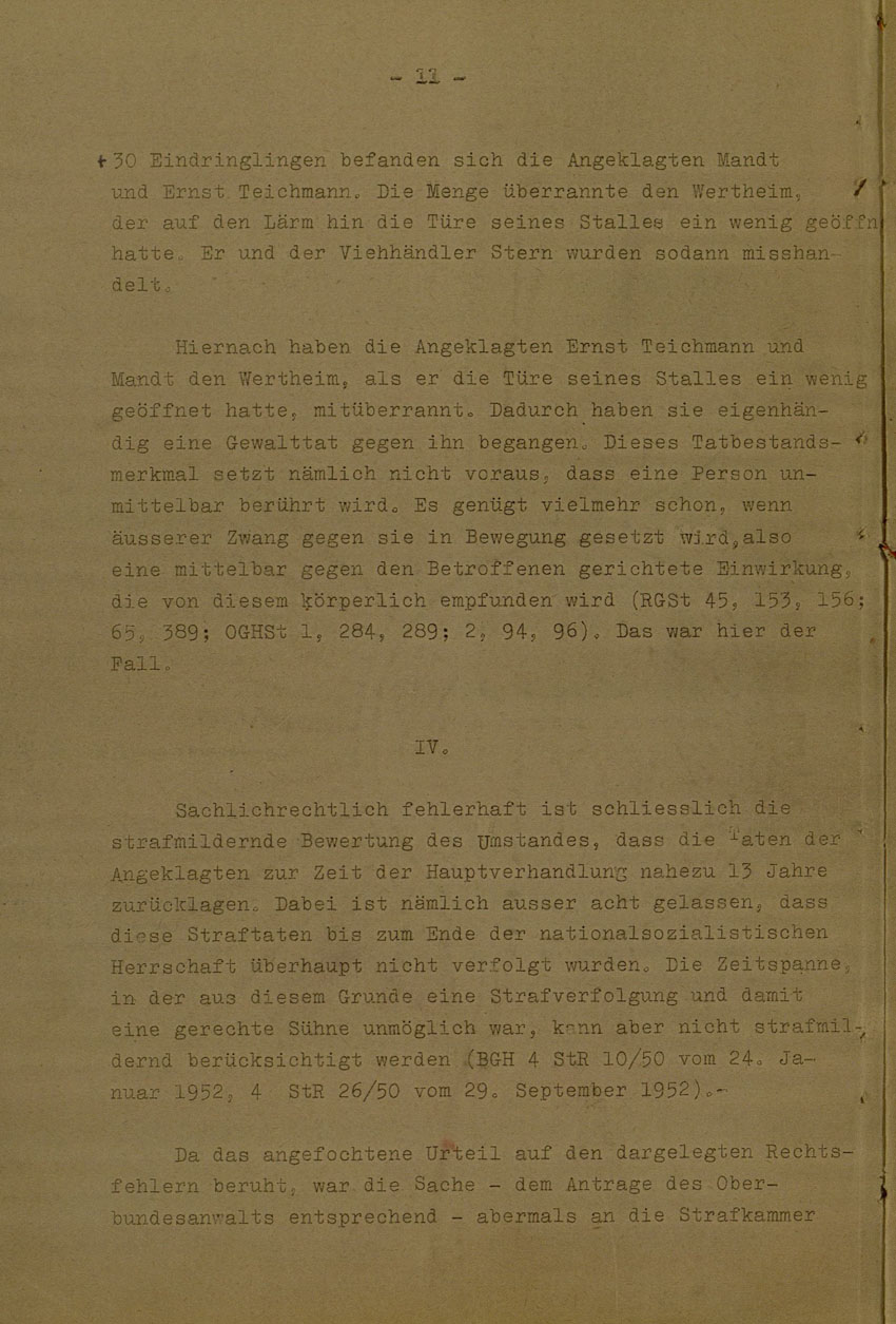 Beschluss des Bundesgerichtshofes betreffend Aufhebung Urteil vom 14.8.1951 gegen Walter Biedermann, Ernst und Otto Teichmann, Hermann Mandt als Urheber der Kirchhainer "Judenaktion" von 1938, 25. Februar 1954 [Dokumentabschnitt 2].