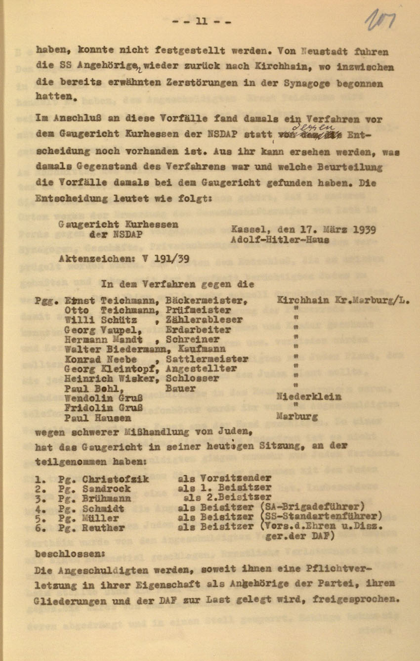Urteil des Landgerichts Kassel im Prozess gegen die Urheber der Kirchhainer "Judenaktion" von 1938, 16. Dezember 1954 [Dokumentabschnitt 2].