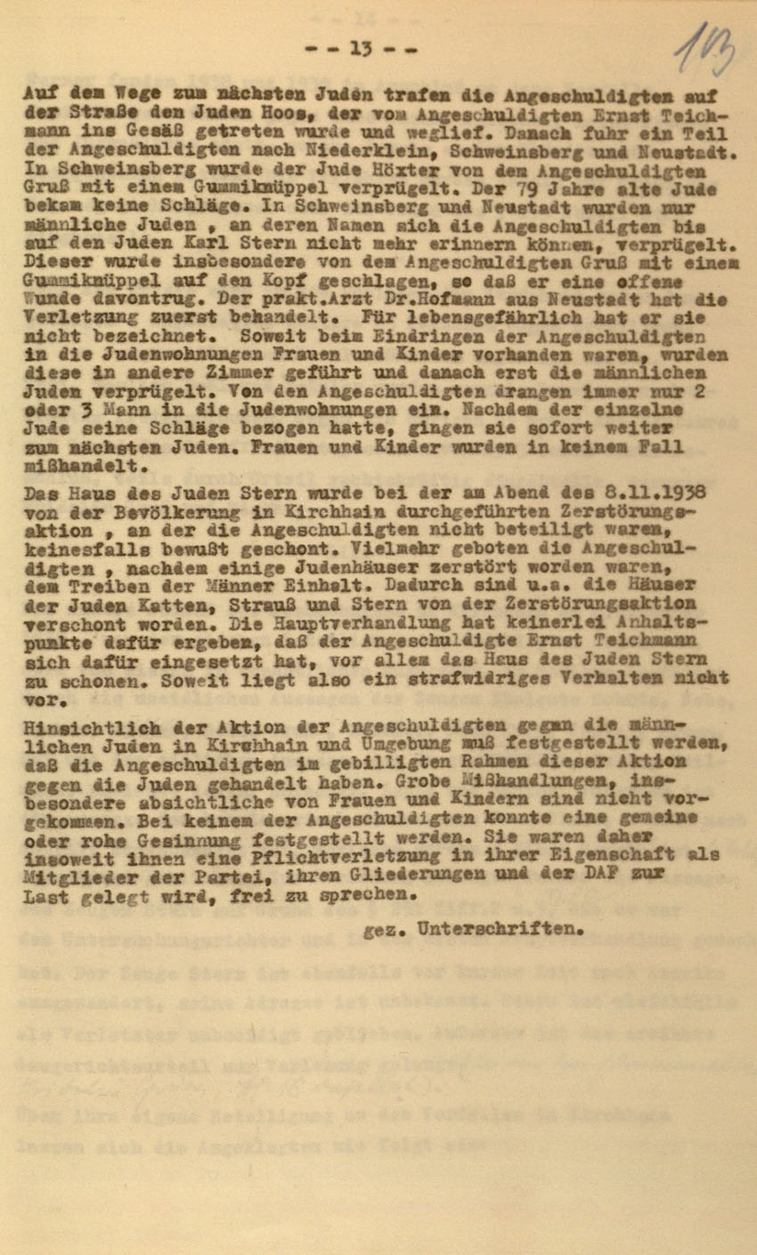 Urteil des Landgerichts Kassel im Prozess gegen die Urheber der Kirchhainer "Judenaktion" von 1938, 16. Dezember 1954 [Dokumentabschnitt 2].