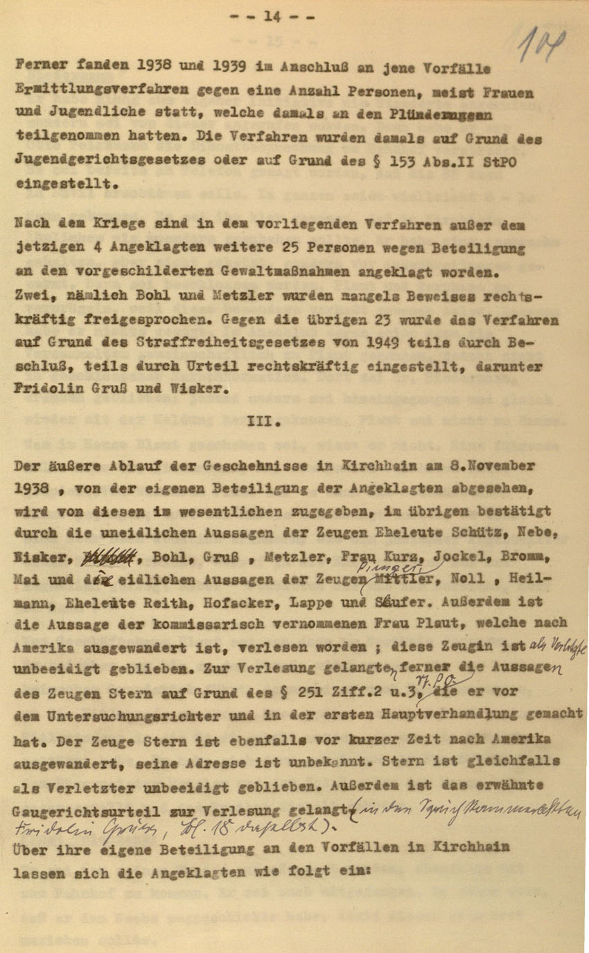 Urteil des Landgerichts Kassel im Prozess gegen die Urheber der Kirchhainer "Judenaktion" von 1938, 16. Dezember 1954 [Dokumentabschnitt 2].