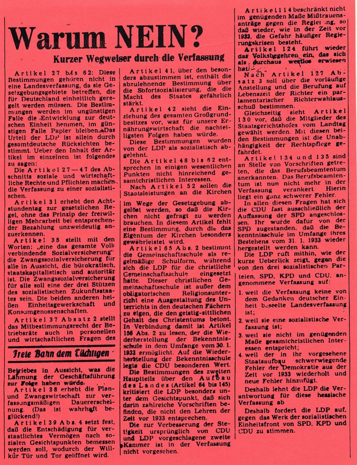 Bild zum Dokument Aufruf der LDP "Warum Nein?" zum hessischen Verfassungentwurf