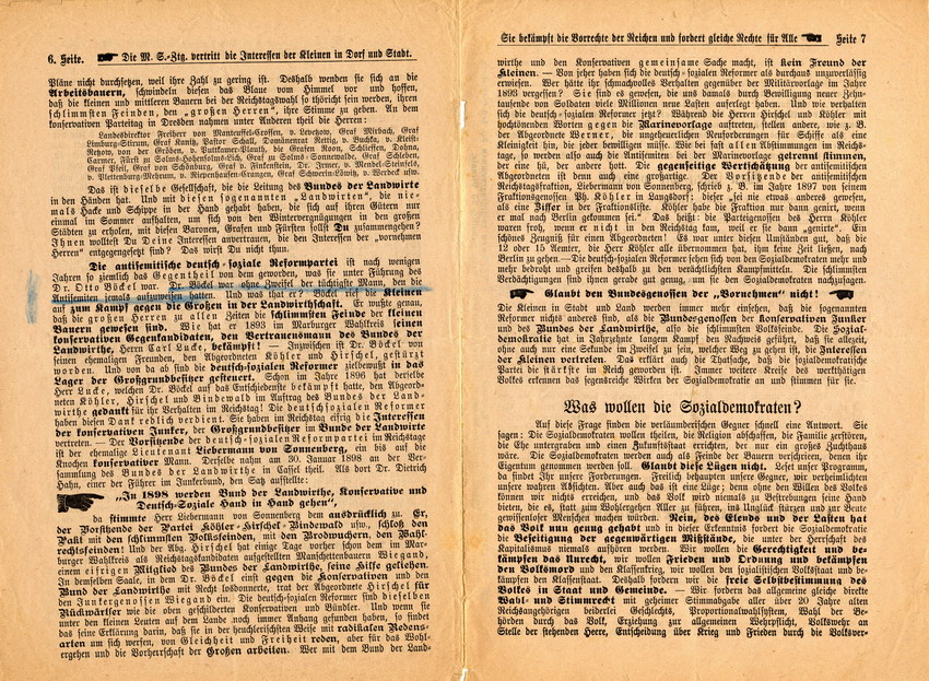 Volksfeinde und Volksfreunde. Ein Mahnwort an die Reichtagswähler des Wahlkreises Marburg-Kirchhain-Frankenberg-Vöhl - Wahlbroschüre der Sozialdemokraten 1898