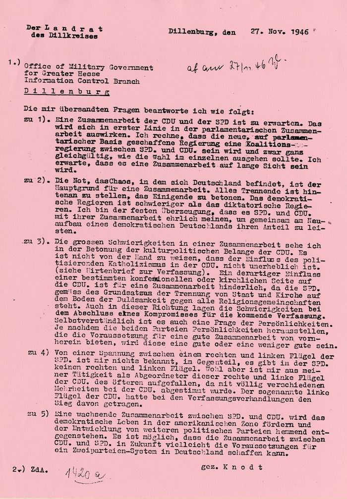 Bild zum Dokument Bericht des Landrats K. Knodt aus Dillenburg über die zu erwar