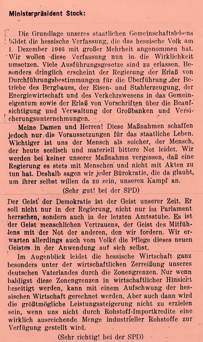 Auszug Bl. 1 Bild zum Dokument Auszug aus der Regierungserklärung des 1. gewählten hessischen